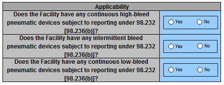 Image of applicability table for 2016-2023 Natural Gas Pneumatic Devices